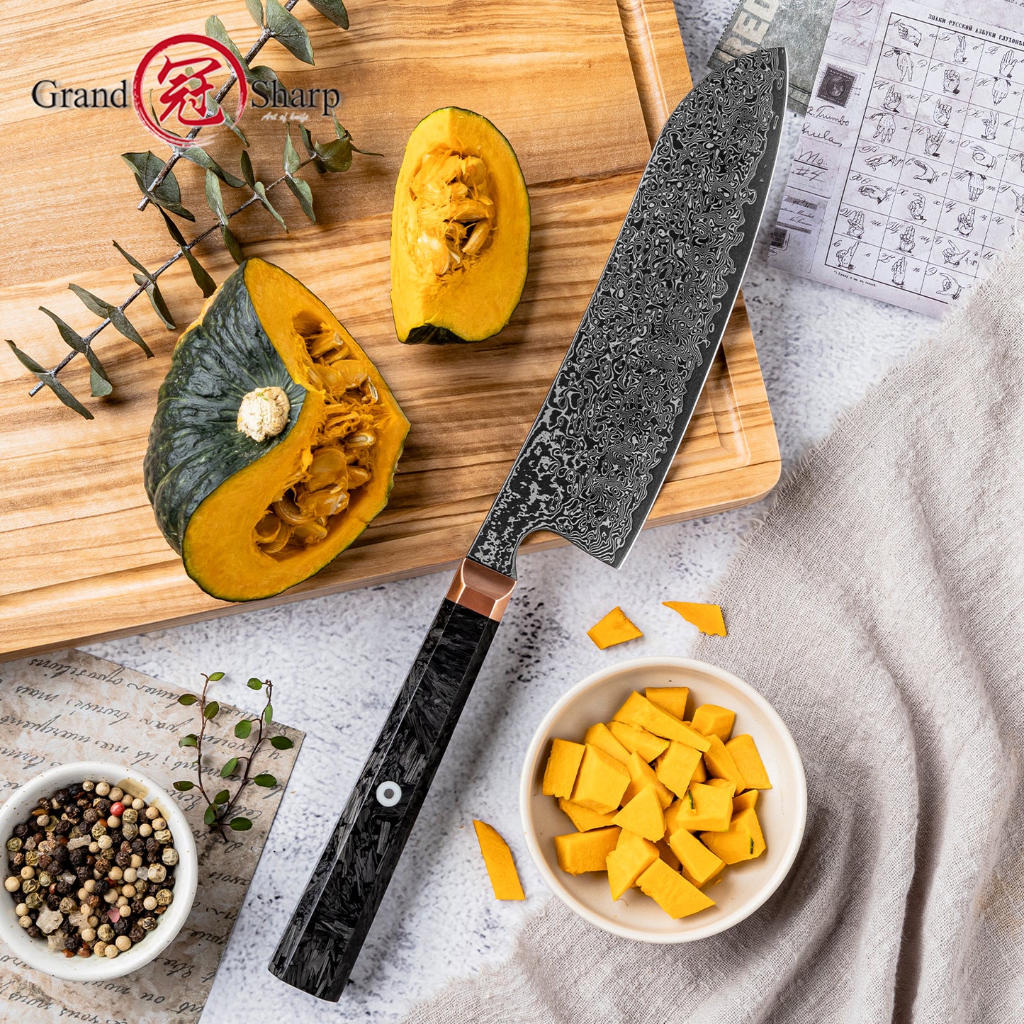 Grandsharp 7 Inch 67 Layers Damascus Steel Kitchen Santoku Knife Japanese Black Kitchen Chef Santoku Knife Carbon Fiber Handle