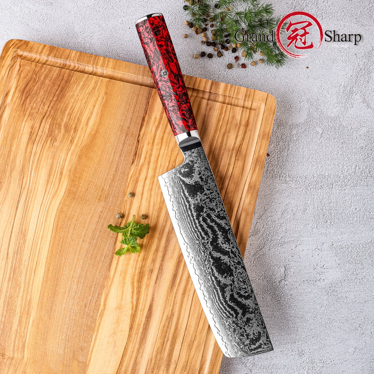 Grandsharp Custom 67 Layers S35VN Damascus Nakiri Knife Carbon Fiber and Red Risen Handle