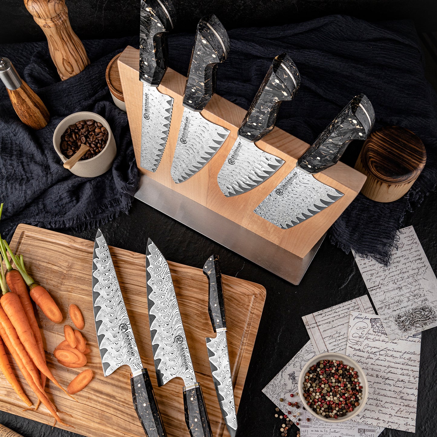 Grandsharp 1-7pcs Kitchen Knives Set 67 Layers Damascus Steel AUS-10 High Carbon Steel 60±2HRC with Carbon Fiber Handle for Cooking Vegetable Fruit