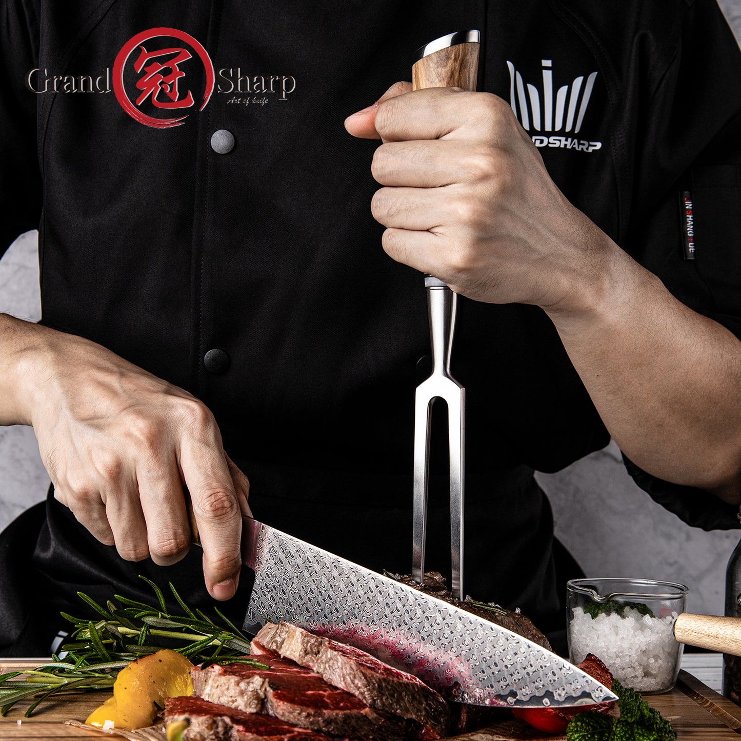 Grandsharp Forged Carving Fork 430 Stainless Steel Professional Meat Fork Resin Olive Wood Handle BBQ Tool Kitchen Essential