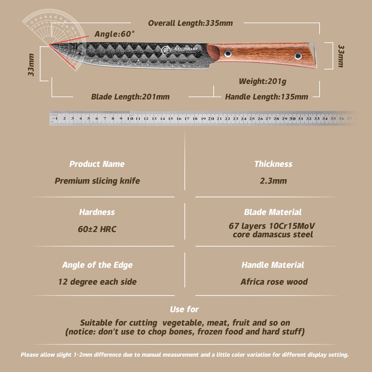Grandsharp Kitchen 8 Inch Slicing Damascus Knife with Africa Rose Wood Handle