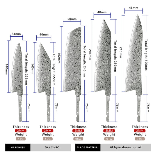 Grandsharp DIY Knife Blade Japanese 67 Layers 10CR15MOV Damascus Steel Knife Blank Blade Set Kitchen Chef Knife Blank Blades