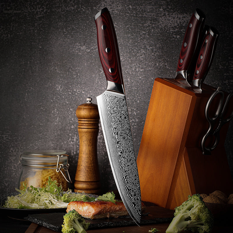 Grandsharp 5 Pcs Chef Knife Set Japanese Damascus Steel Santoku Utility Cleaver Kitchen Tools Meat Fish Vegetables Pakka Wood