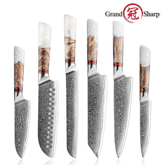 Grandsharp 6 Pcs Damascus Steel Chef Knife Sets with White Resin & Solidified Wood Handle
