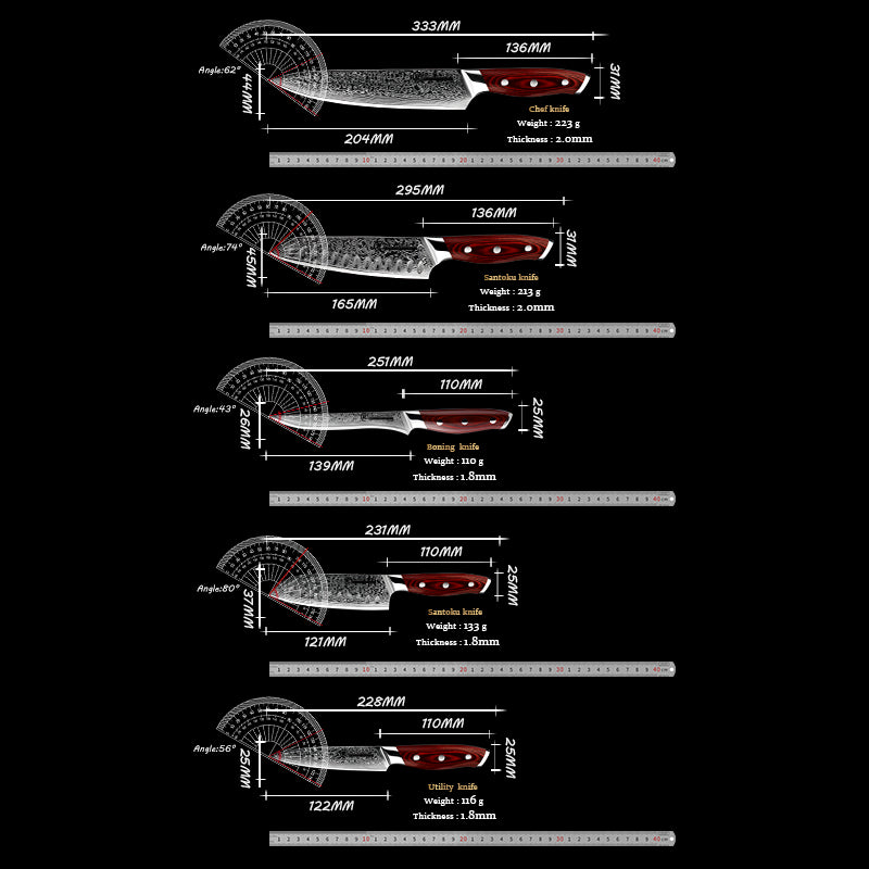 Grandsharp 5 Pcs Chef Knife Set Japanese Damascus Steel Santoku Utility Cleaver Kitchen Tools Meat Fish Vegetables Pakka Wood