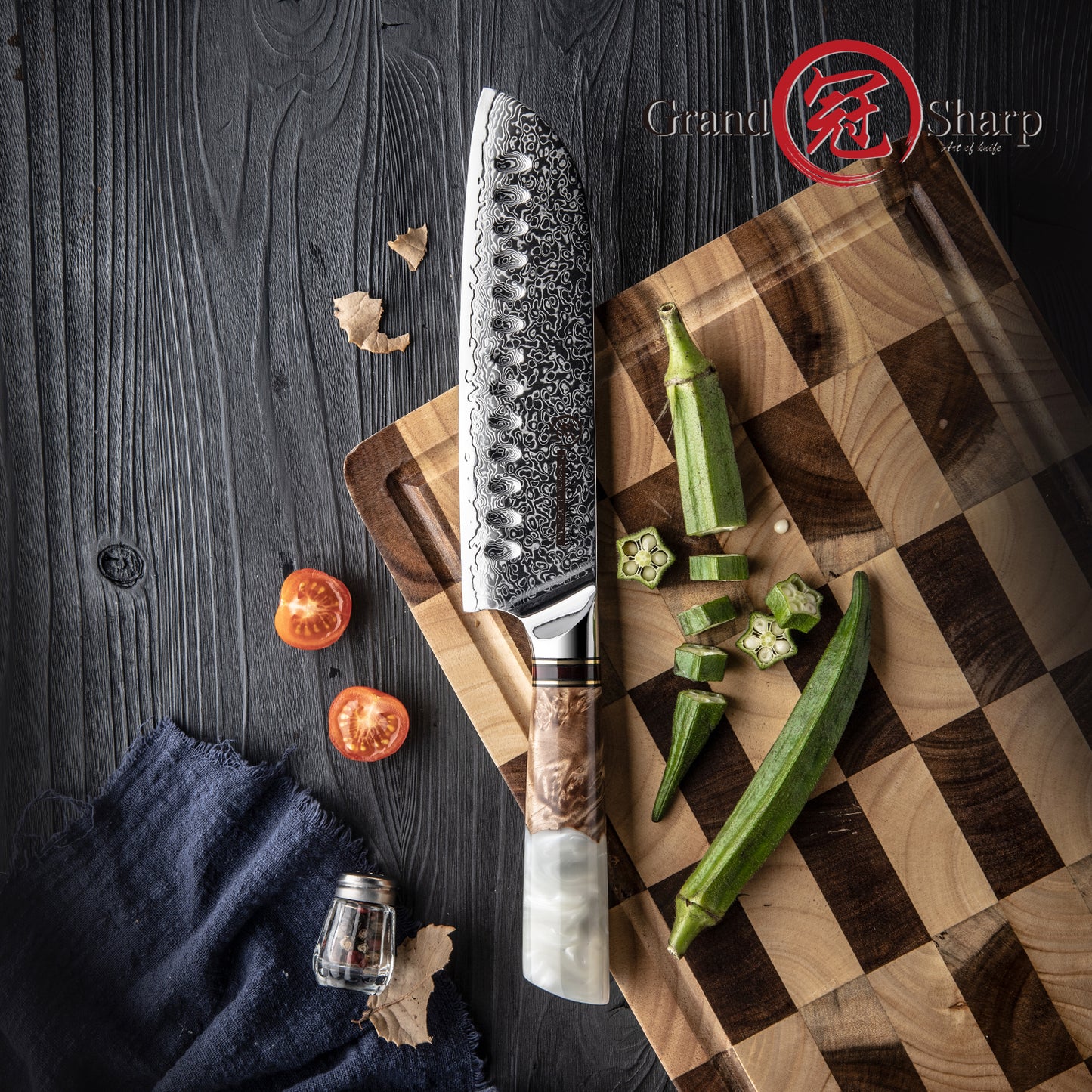 Grandsharp 7 Inch Damascus Steel Kitchen Santoku Knife 10Cr15MoV White Resin & Solidified Wood Handle