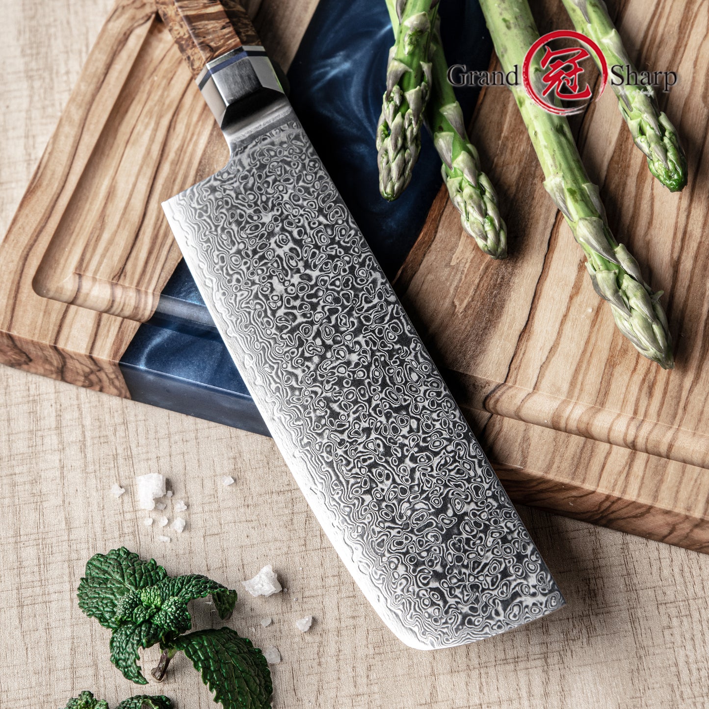 7'' Nakiri Knives High Carbon Blue Resin Handle Vegetable Cutter Chef Kitchen 10CR15MOV Damascus Steel Nakiri Knife