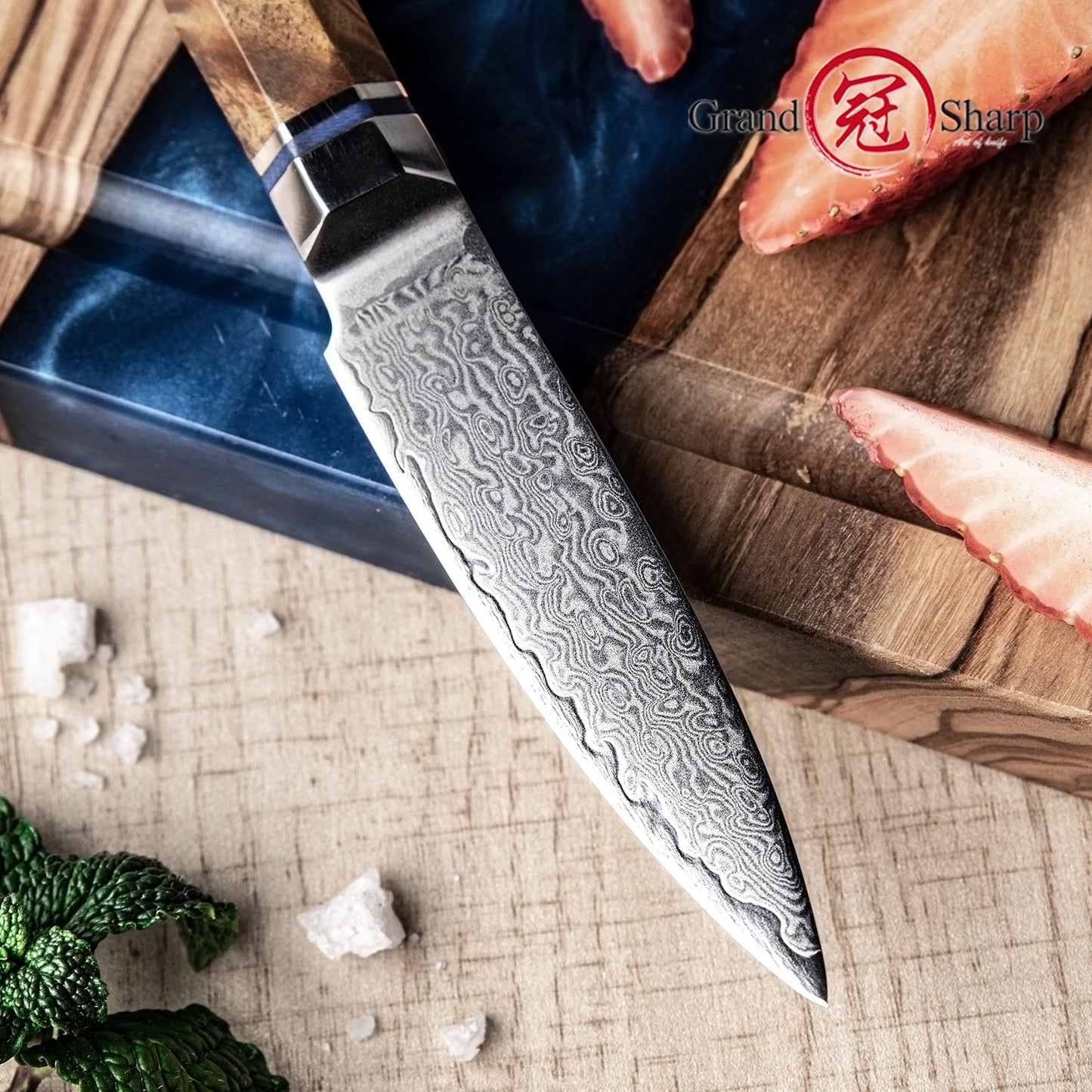 3.5" Damascus 10CR15MOV Carbon Steel Blade With Octagonal Resin+Wood Handle Vegetables Meat Cutter Chef Kitchen Knife