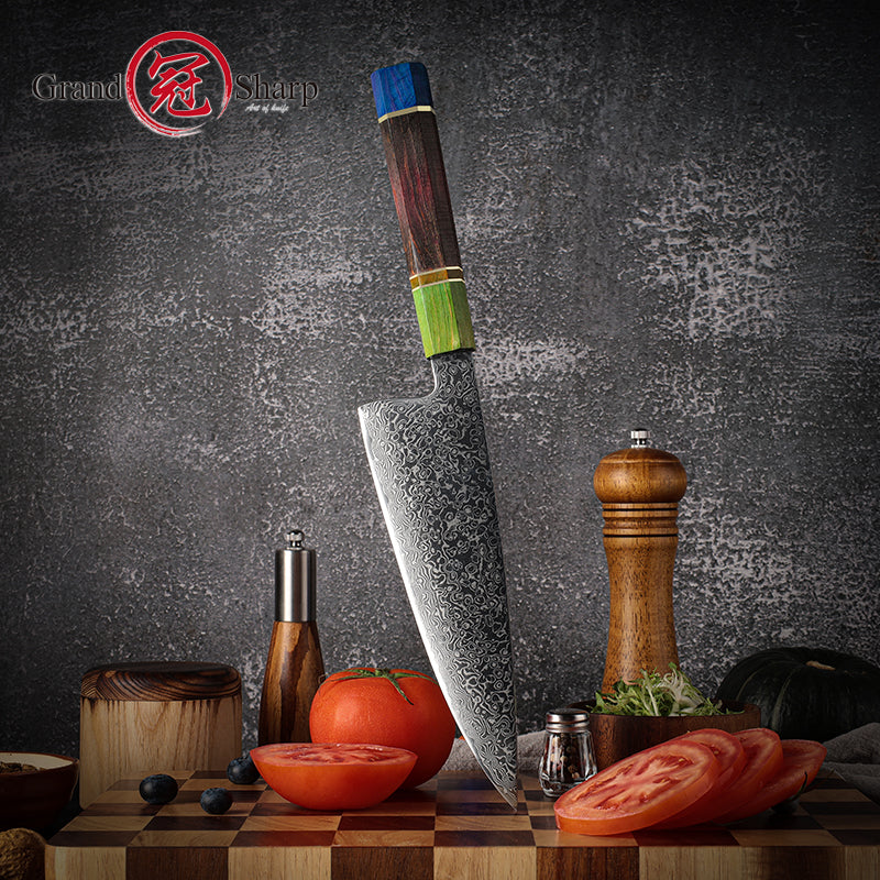 Grandsharp Professional 67 Layers Damascus Carbon Steel Kitchen Chef Knife With Octagonal Solidfied Wooden Handle