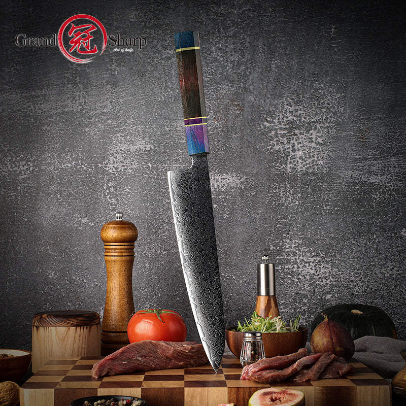 Grandsharp 9'' Chef Knife 67 Layer Damascus Carbon Steel Kitchen Chef Gyuto Knives Cutting Stable Solidfied Wood Handle