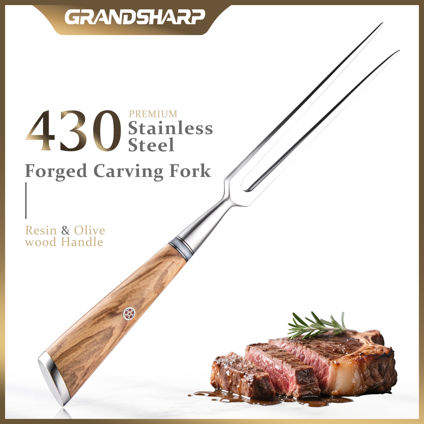 Grandsharp Forged Carving Fork 430 Stainless Steel Professional Meat Fork Resin Olive Wood Handle BBQ Tool Kitchen Essential