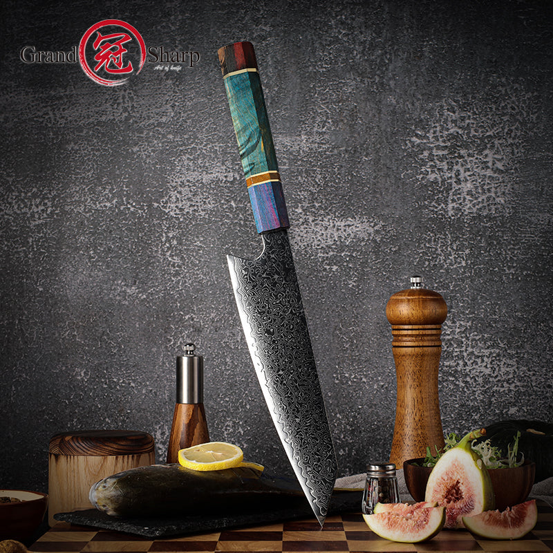 Grandsharp Professional Damascus Steel Kitchen Chef Kiritsuke Knife Home Tools Cooking with Solidified Wood Handle