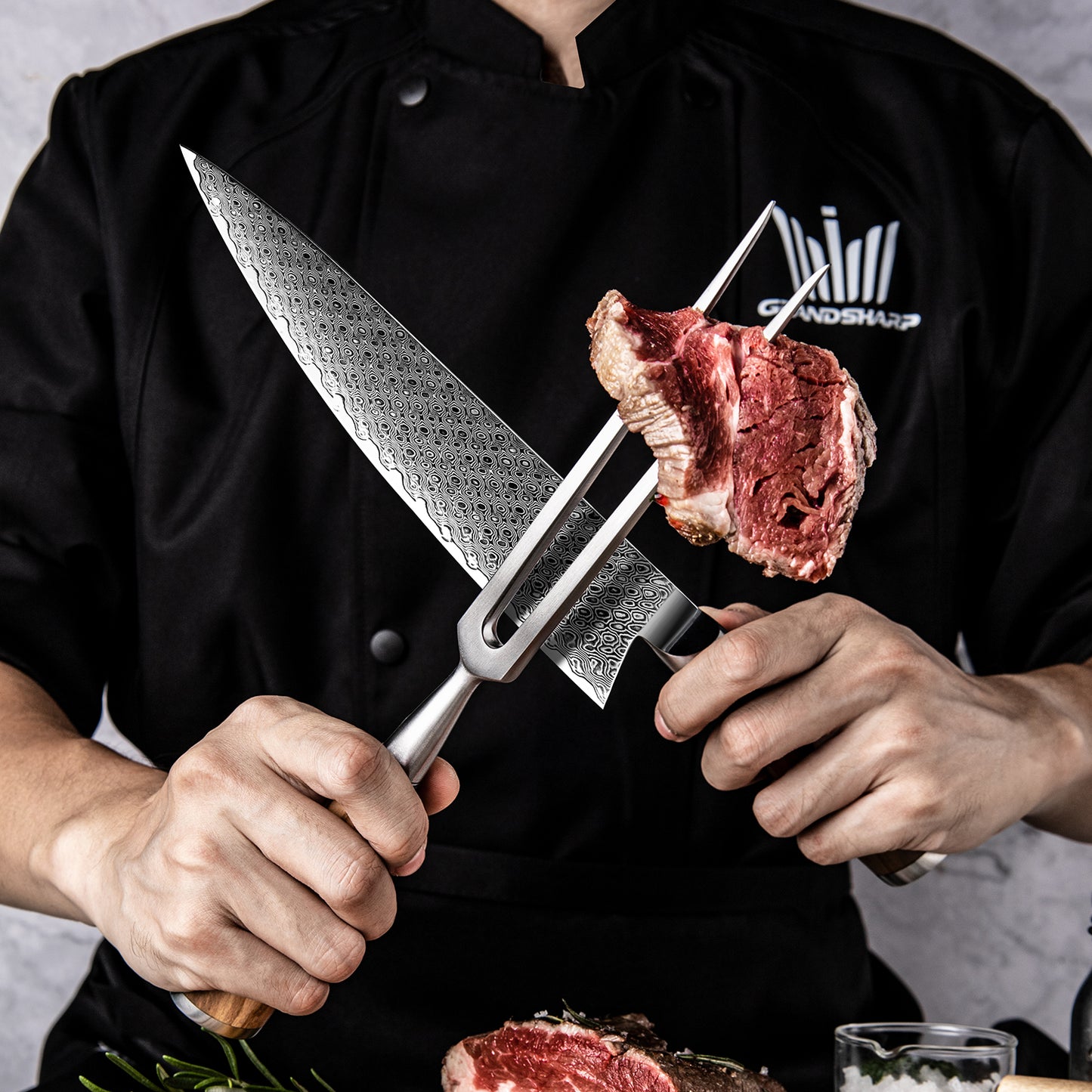 Grandsharp Forged Carving Fork 430 Stainless Steel Professional Meat Fork Resin Olive Wood Handle BBQ Tool Kitchen Essential