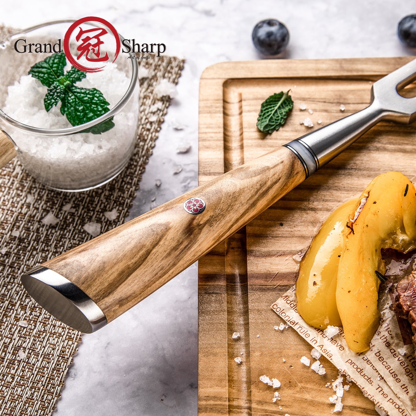 Grandsharp Forged Carving Fork 430 Stainless Steel Professional Meat Fork Resin Olive Wood Handle BBQ Tool Kitchen Essential