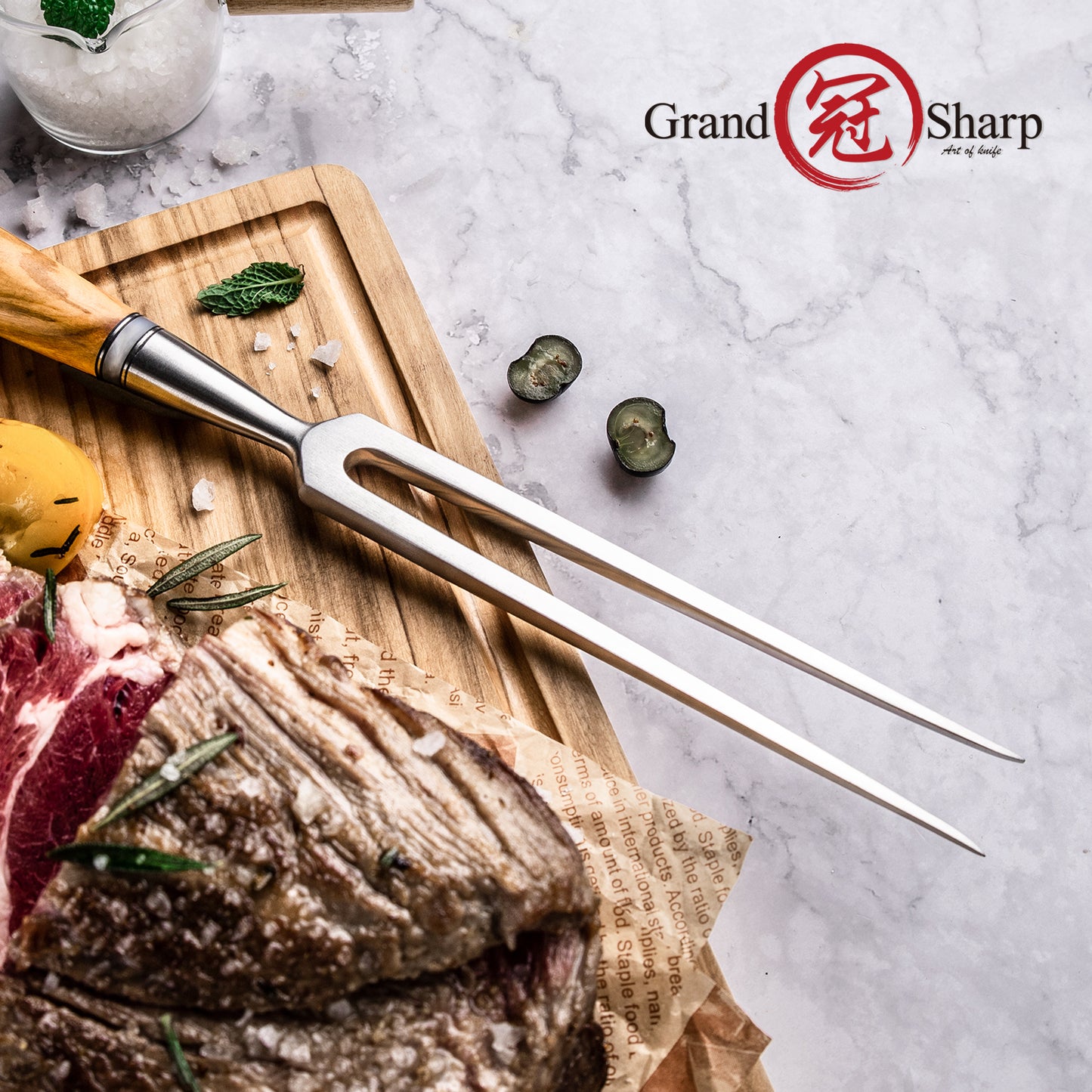 Grandsharp Forged Carving Fork 430 Stainless Steel Professional Meat Fork Resin Olive Wood Handle BBQ Tool Kitchen Essential