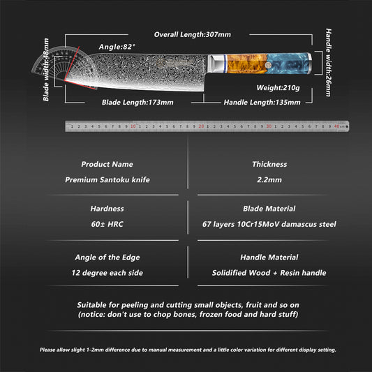 Grandsharp 7 Inch 10CR15MOV Damascus Steel Kitchen Chef Santoku Knife Cutting with Blue Resin & Solidified Wood Handle