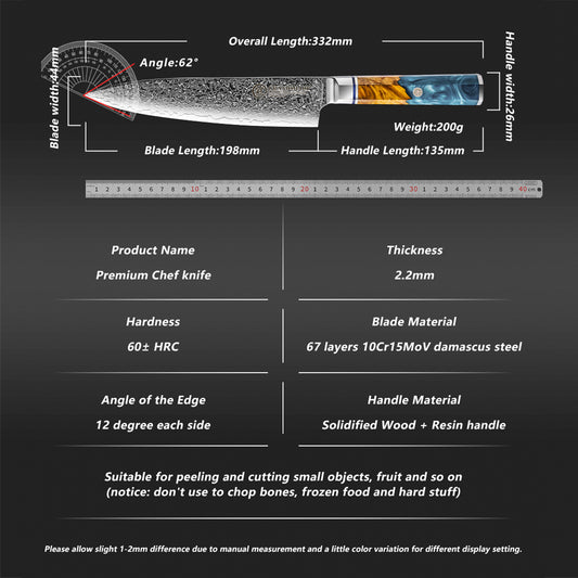 Grandsharp 8" 10cr15mov 67 Layers Damascus Kitchen Knife Chef Knife With Octagonal Resin and Solidified Wood Handle