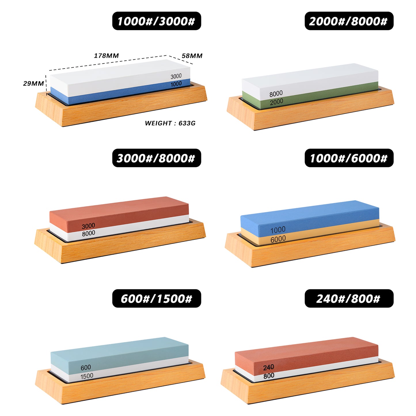 Grandsharp 1-6Pcs Sharpening Stone Double-Sided Professional Whetstone With Non-Slip Bamboo Holder White Corundum Material