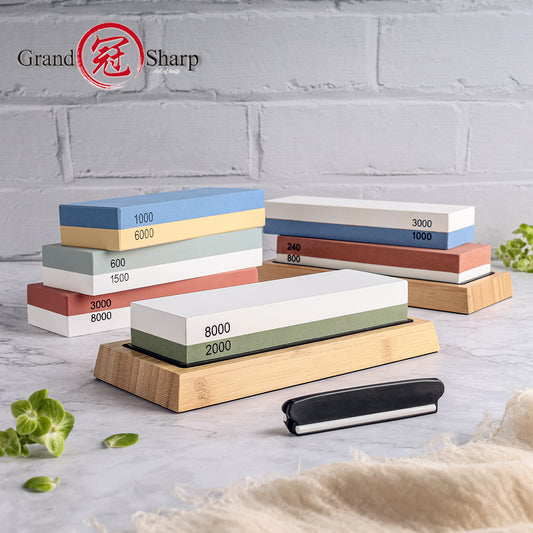 Grandsharp 1-6Pcs Sharpening Stone Double-Sided Professional Whetstone With Non-Slip Bamboo Holder White Corundum Material