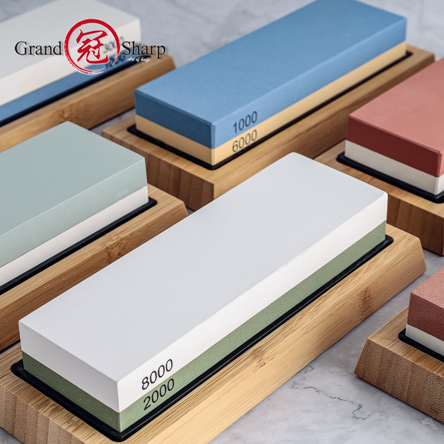 Grandsharp 1-6Pcs Sharpening Stone Double-Sided Professional Whetstone With Non-Slip Bamboo Holder White Corundum Material
