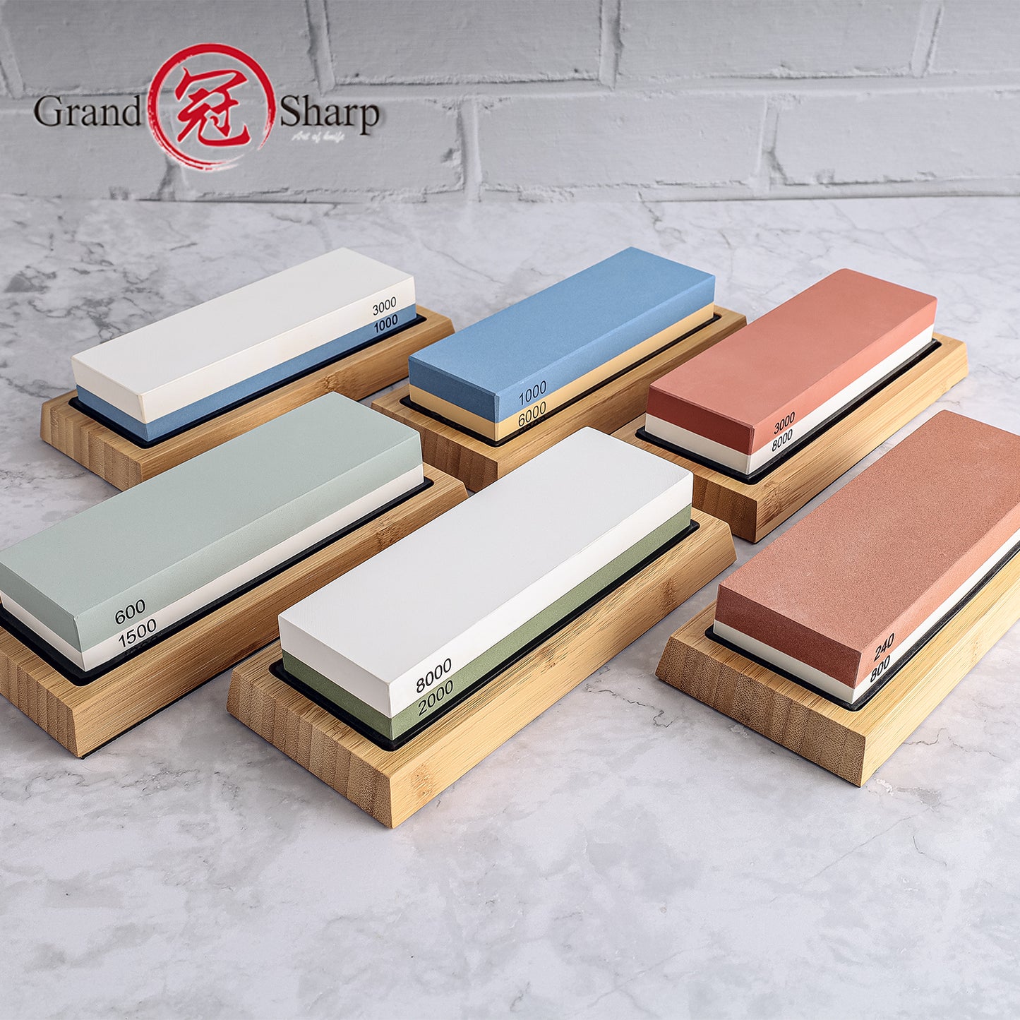 Grandsharp 1-6Pcs Sharpening Stone Double-Sided Professional Whetstone With Non-Slip Bamboo Holder White Corundum Material
