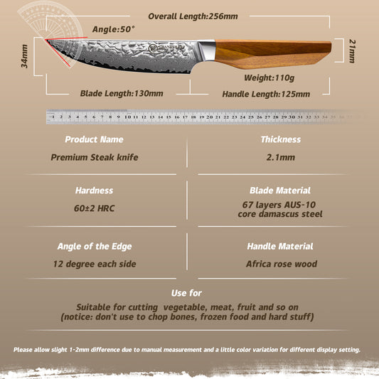 Grandsharp 67 Layers AUS-10 Damascus Steak Knife with Rose Wood Handle