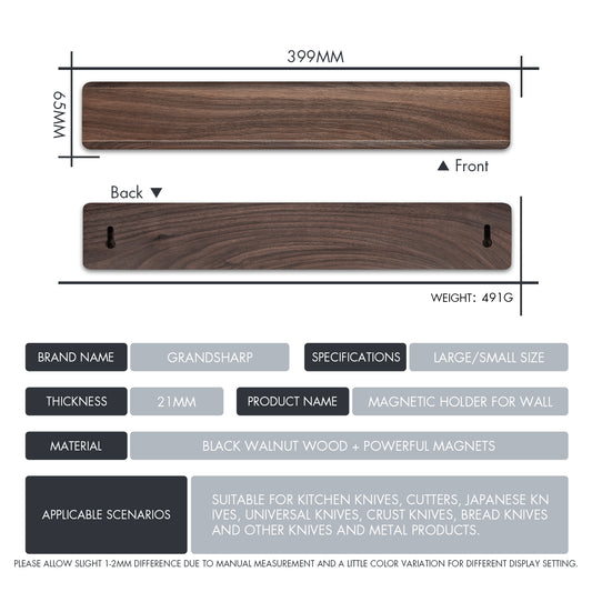 Grandsharp Strong Magnet Walnut Wood Knife Hanger Strip Magnetic Wall Mounted 15.8" Holder