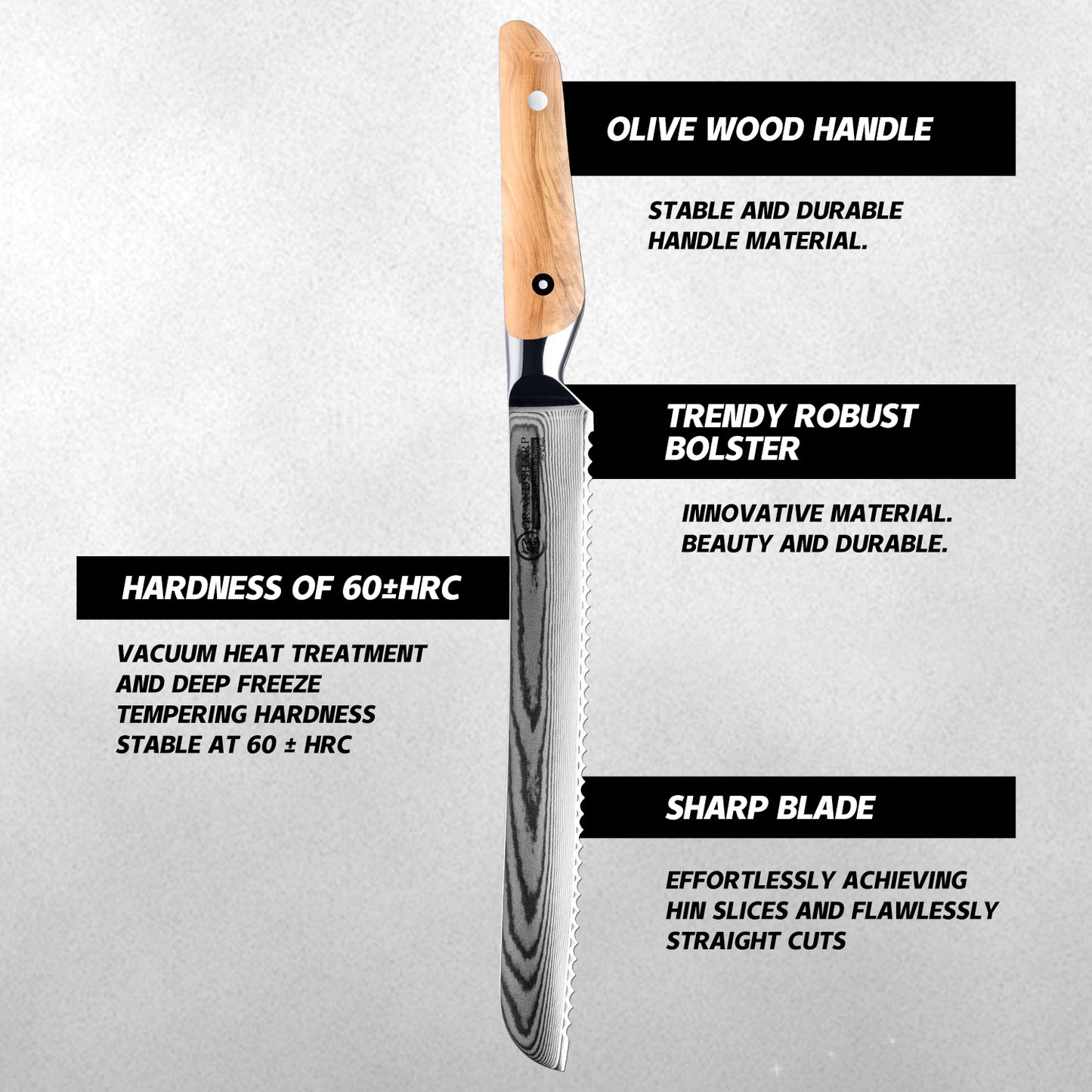 Grandsharp 10 Inch Bread Chef Knife 67 Layers Damascus Steel Kitchen Bread Knife Cutting Bread Knife with Olive Wood Handle
