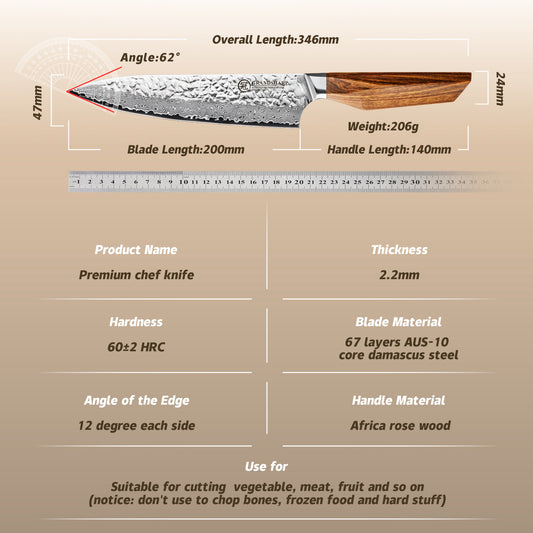 Grandsharp 67 Layers AUS-10 Damascus Chef Knife with Rose Wood Handle
