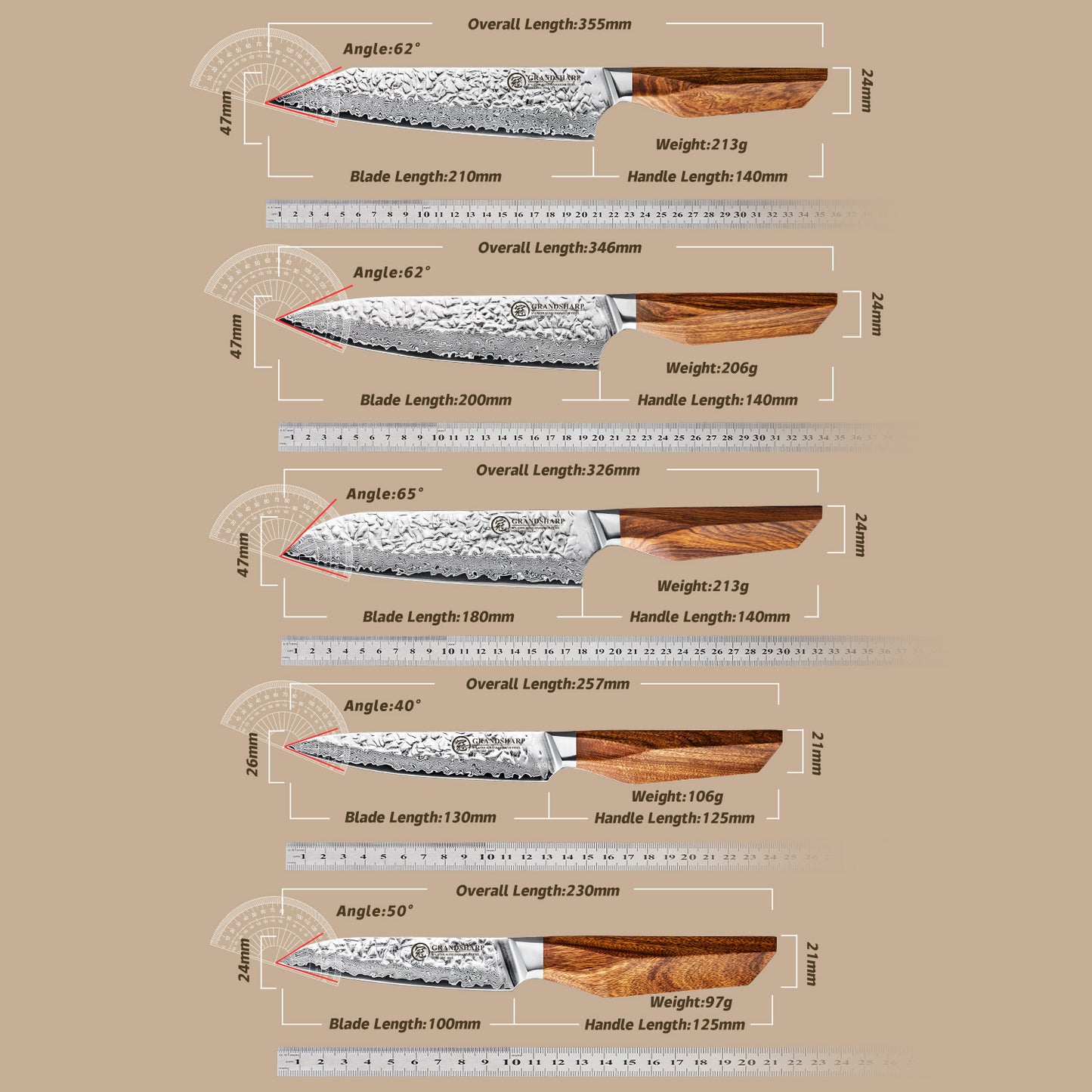 Grandsharp Premium 1-5pcs Damascus Kitchen Knife Set 67 Layers AUS-10 Cutting Core Africa Rose Wood Handle Meat Food Cutter