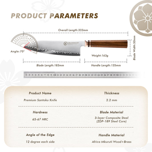 Grandsharp Santoku Knife in Japan ZDP-189 San Mai Steel with Mkuruti Wood Handle