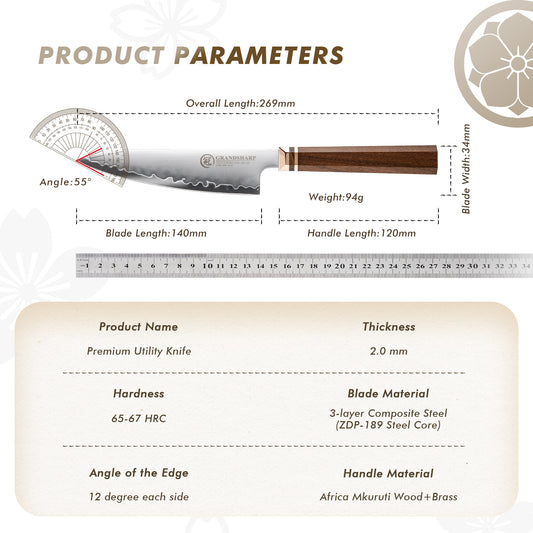 Grandsharp Japanese 5.5 Inch Kitchen Utility Knife ZDP189 Powder Steel Cutting Core Utility Kitchen Knives Mkuruti Wood Handle