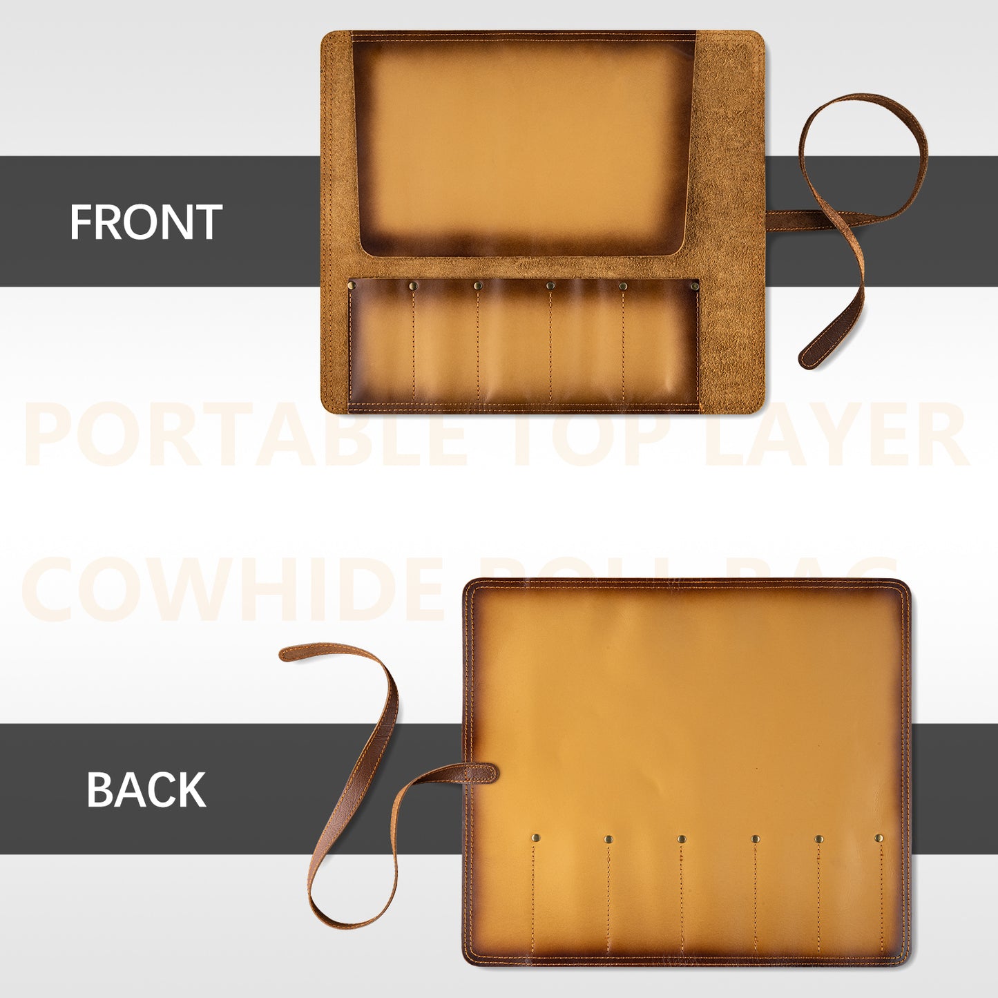 Grandsharp Fashionable Leather Knife Roll Bag First Layer Cowhide 3 Main Pockets 2 Extra Slot Suitable For Chef Santoku Knives