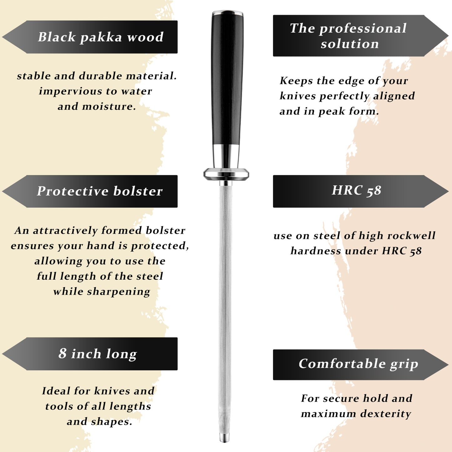 Grandsharp 8''Sharpener Rod #40 High Carbon Steel Black Pakka Wood Handle Use for sharpening knife scissors Honing Tool HRC-58