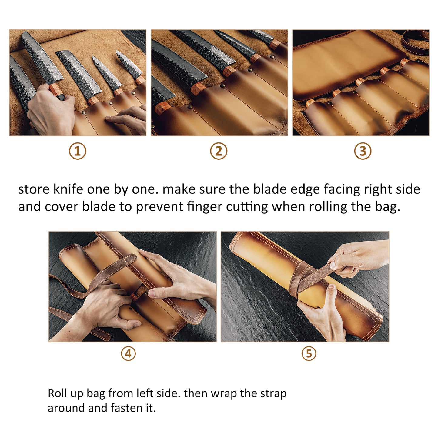 Grandsharp Fashionable Leather Knife Roll Bag First Layer Cowhide 3 Main Pockets 2 Extra Slot Suitable For Chef Santoku Knives