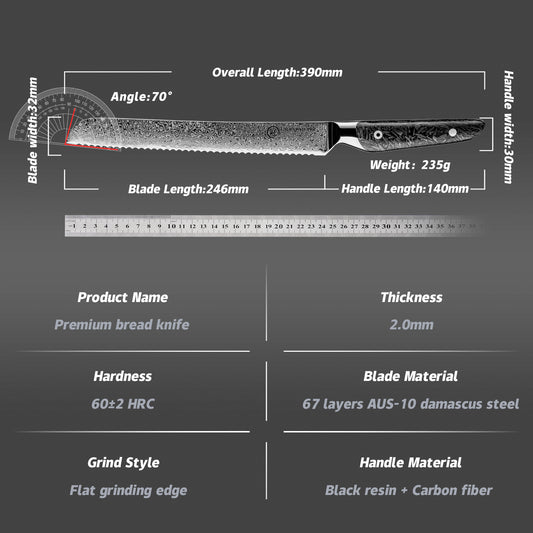 Grandsharp Real Damascus Serrated Bread Knife With Black Handle