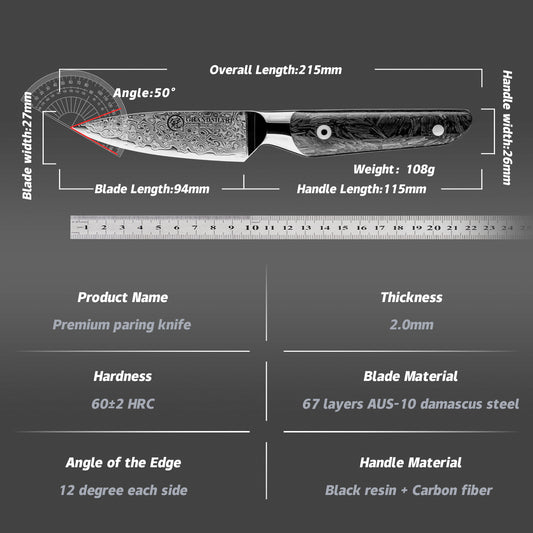 Grandsharp Real Damascus Fruit Paring Knife With Black Handle