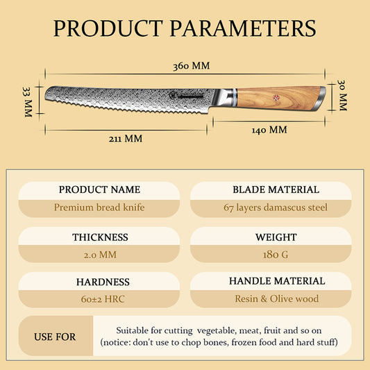 Grandsharp Custom Olive Wood Handle Damascus Bread Knife