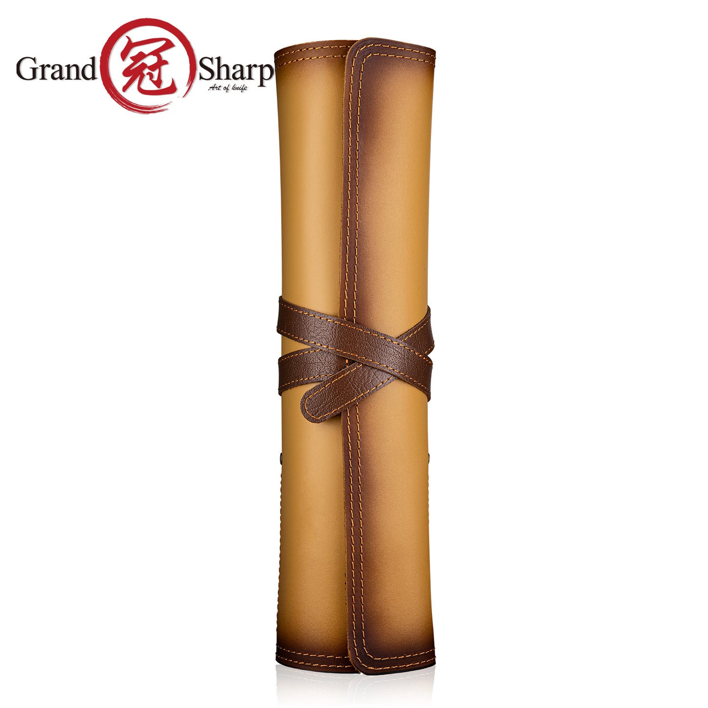 Grandsharp Fashionable Leather Knife Roll Bag First Layer Cowhide 3 Main Pockets 2 Extra Slot Suitable For Chef Santoku Knives