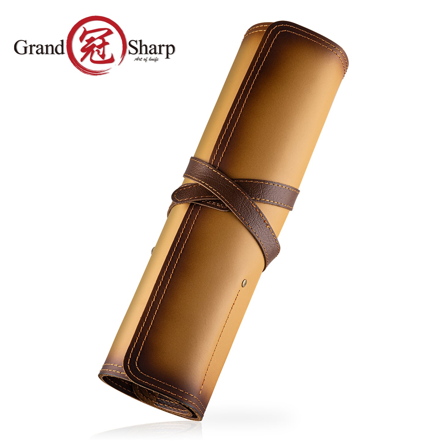 Grandsharp Fashionable Leather Knife Roll Bag First Layer Cowhide 3 Main Pockets 2 Extra Slot Suitable For Chef Santoku Knives
