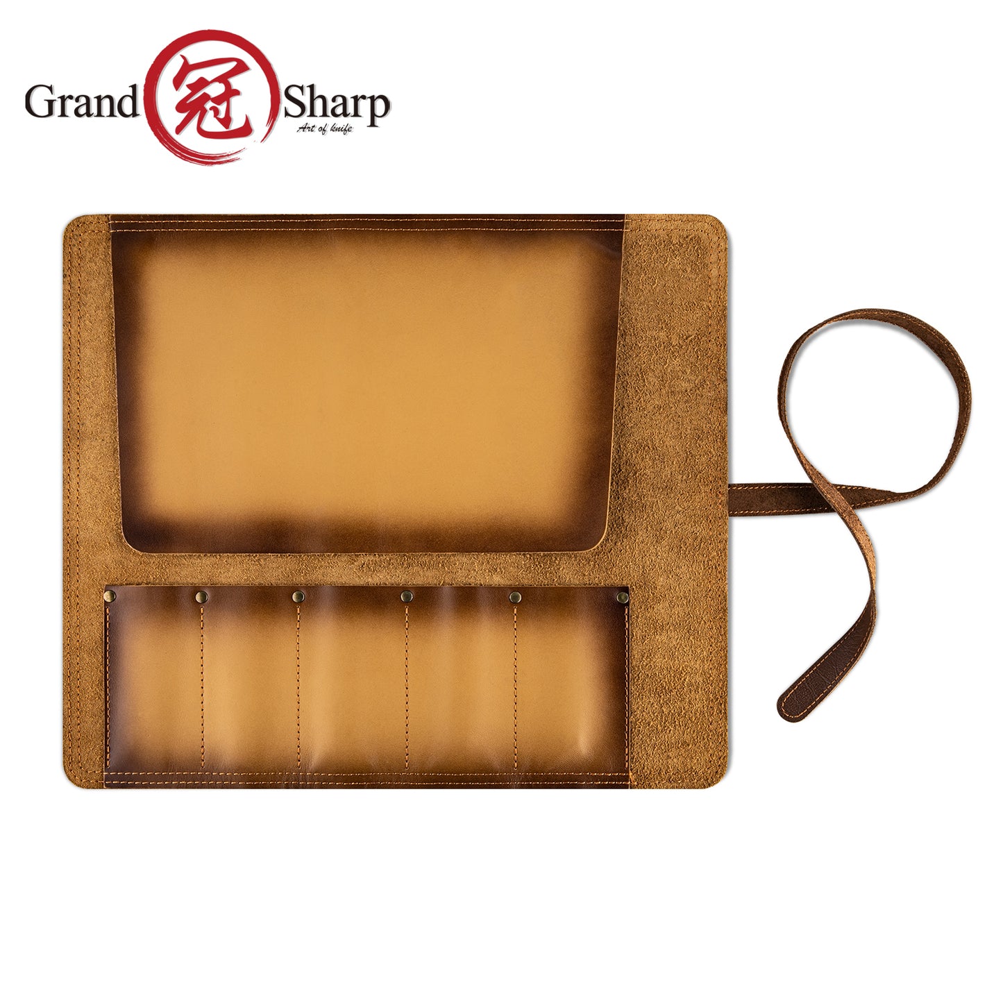Grandsharp Fashionable Leather Knife Roll Bag First Layer Cowhide 3 Main Pockets 2 Extra Slot Suitable For Chef Santoku Knives