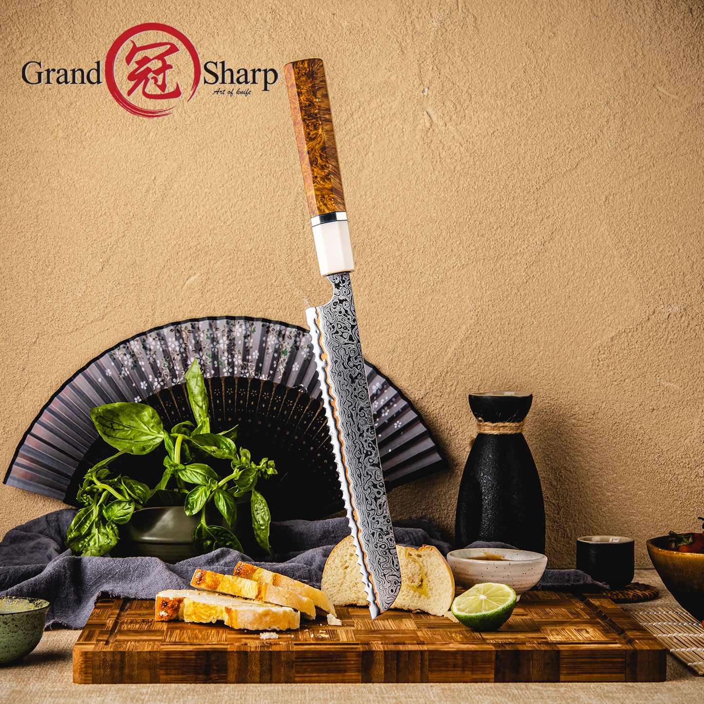 Grandsharp 55 Layers copper Damascus Steel 8'' Bread Knife with Solidified Wood+Imitation Ivory Handle