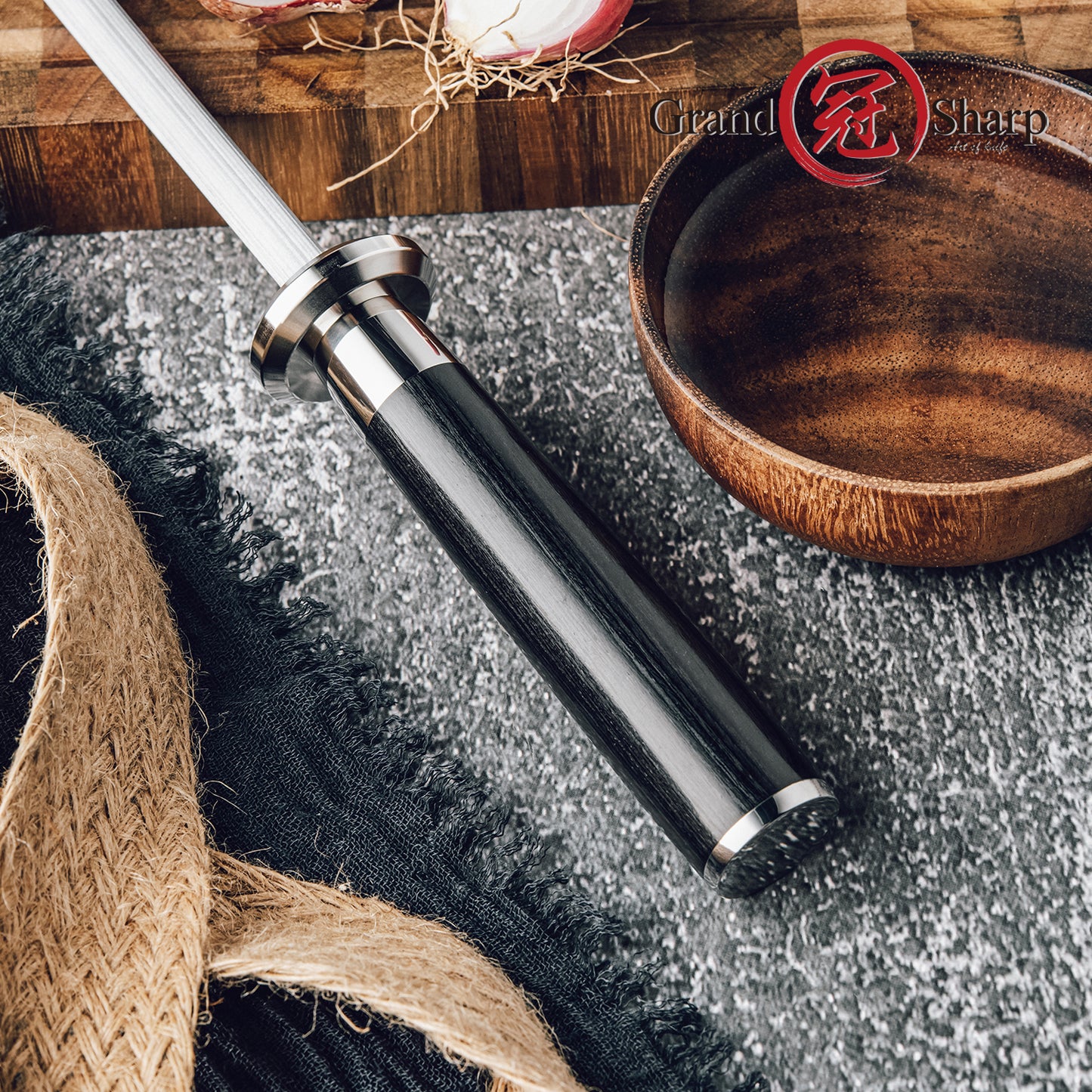 Grandsharp 8''Sharpener Rod #40 High Carbon Steel Black Pakka Wood Handle Use for sharpening knife scissors Honing Tool HRC-58