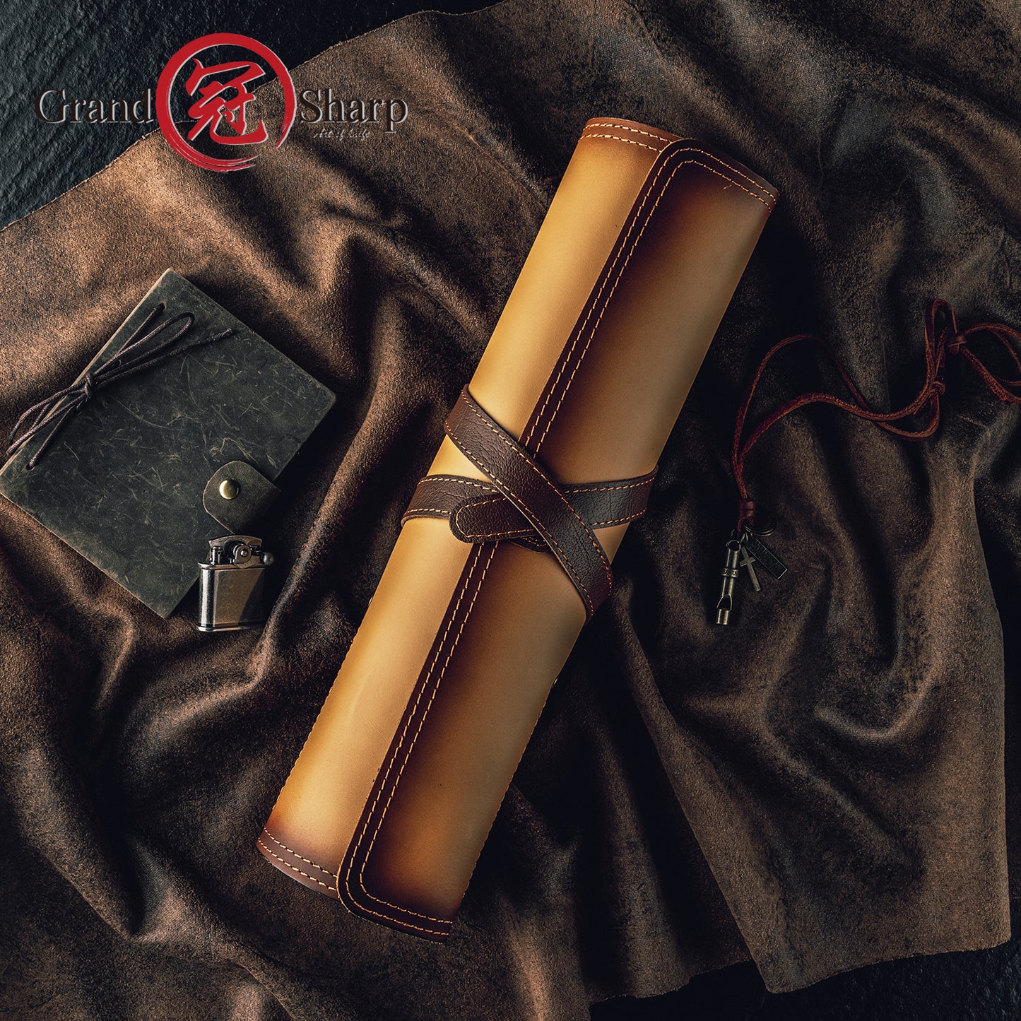 Grandsharp Fashionable Leather Knife Roll Bag First Layer Cowhide 3 Main Pockets 2 Extra Slot Suitable For Chef Santoku Knives