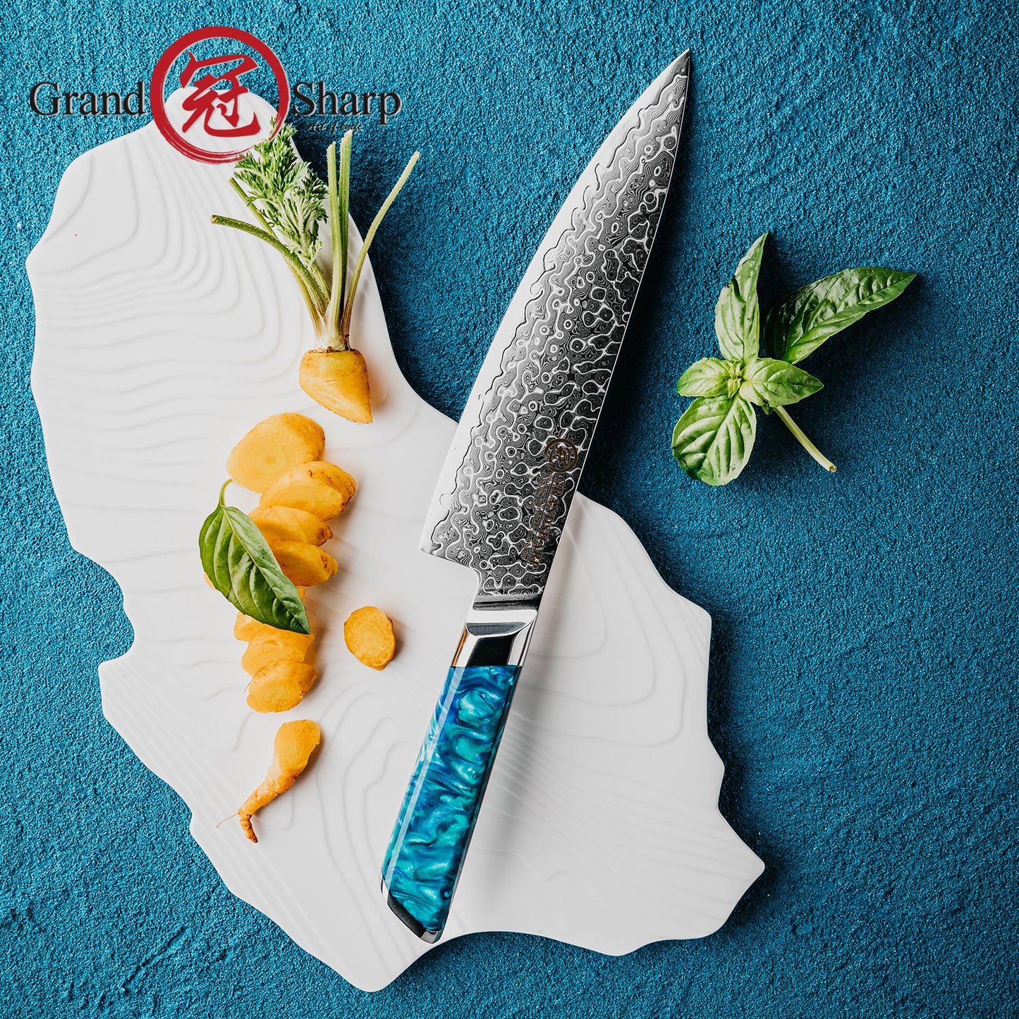 Grandsharp 129 Layers Damascus Steel Kitchen 8 Inch Chef Knife Luxury Chef Damascus Knives Cooking with Blue Resin Handle
