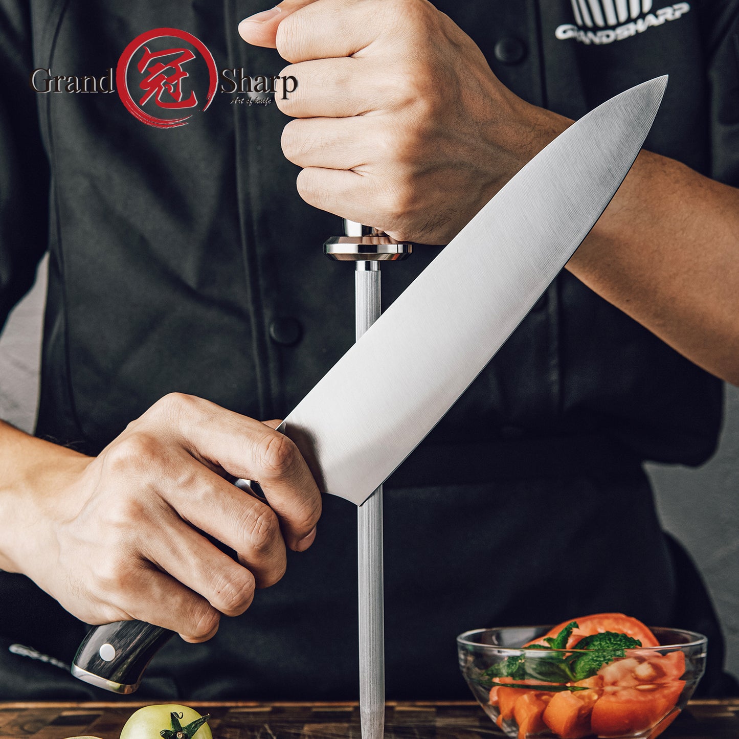 Grandsharp 8''Sharpener Rod #40 High Carbon Steel Black Pakka Wood Handle Use for sharpening knife scissors Honing Tool HRC-58