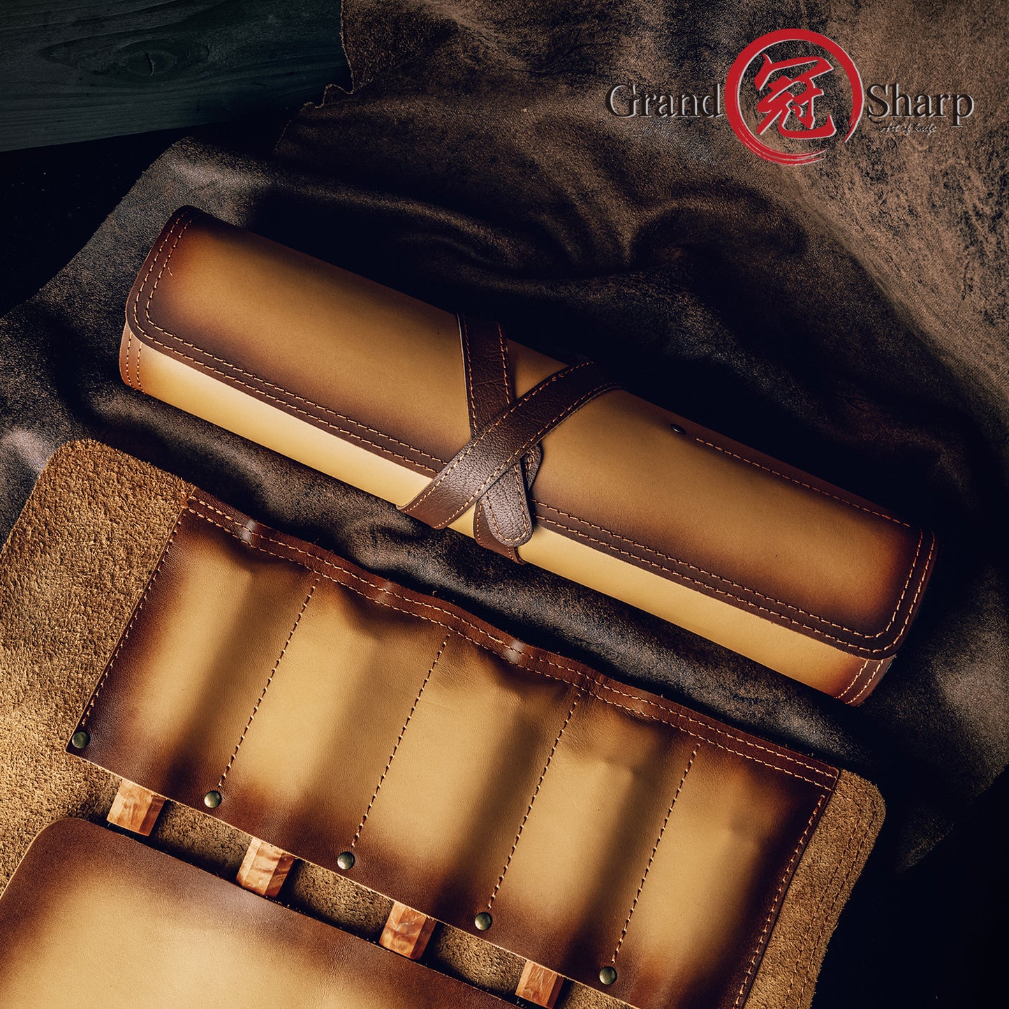 Grandsharp Fashionable Leather Knife Roll Bag First Layer Cowhide 3 Main Pockets 2 Extra Slot Suitable For Chef Santoku Knives