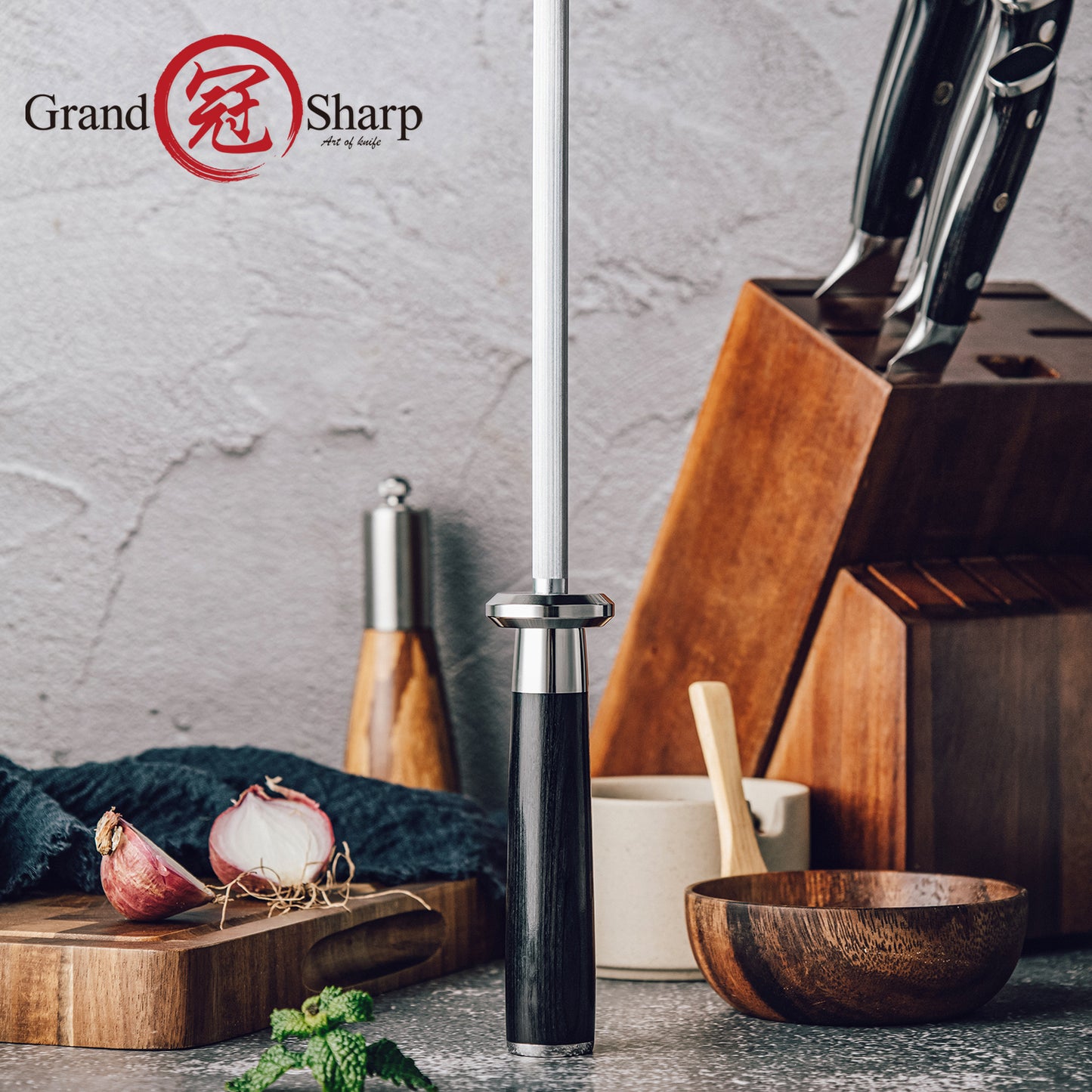 Grandsharp 8''Sharpener Rod #40 High Carbon Steel Black Pakka Wood Handle Use for sharpening knife scissors Honing Tool HRC-58