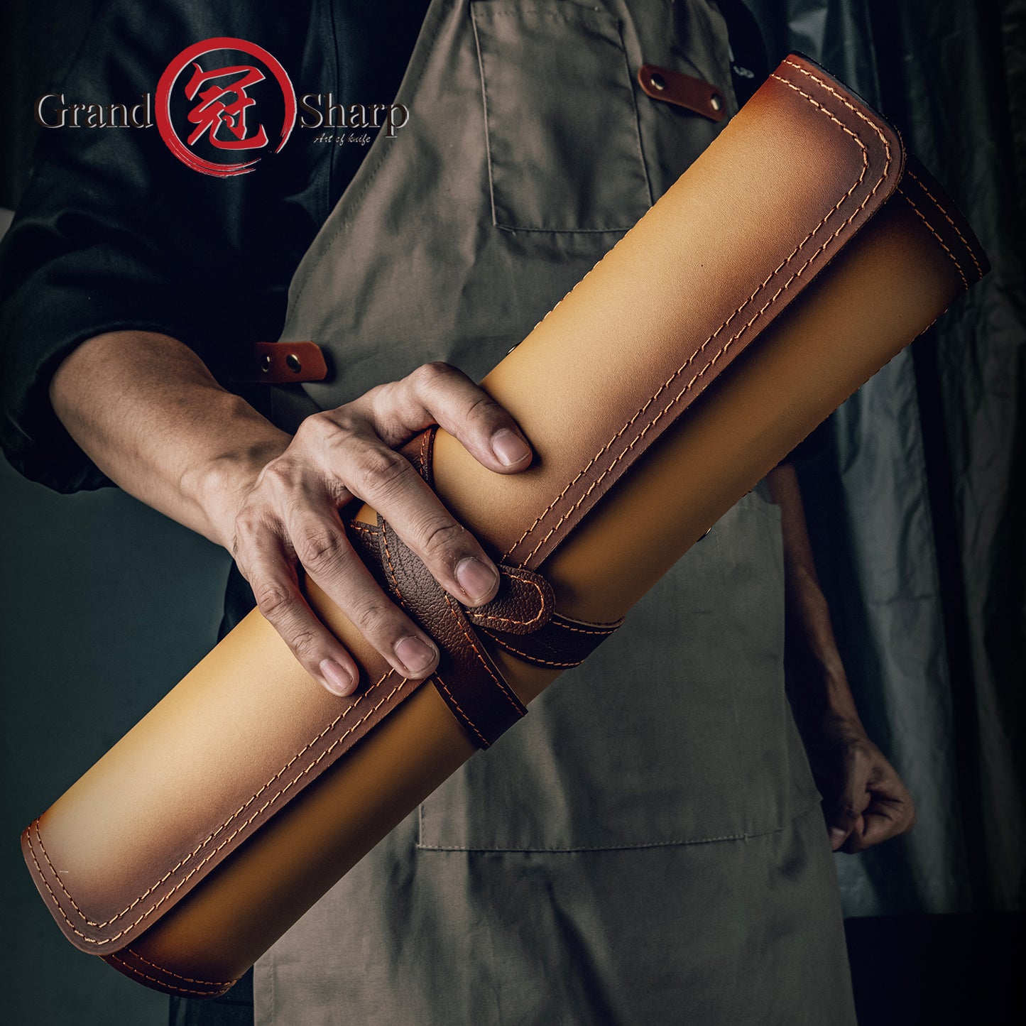 Grandsharp Fashionable Leather Knife Roll Bag First Layer Cowhide 3 Main Pockets 2 Extra Slot Suitable For Chef Santoku Knives