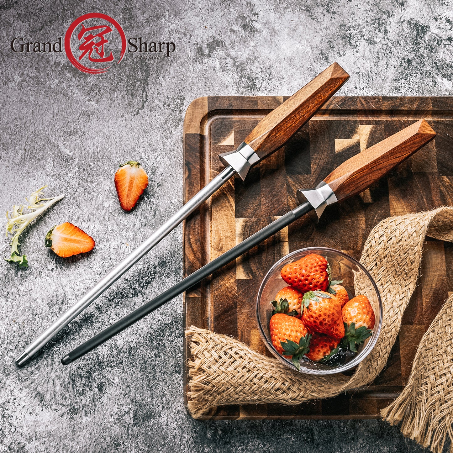 Grandsharp 10 Inch Diamond Kitchen Knives Sharpening Rod Modern Knife Sharpener Rod with Africa Rose Wood Knife Sharpener